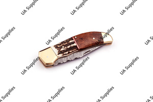 มีดพับเหล็กดามัสกัสทำมือคุณภาพสูงสำหรับมืออาชีพ ด้ามจับทำจากเขาสัตว์ กวาง ไม้พะยูง และทองเหลือง เหมาะสำหรับการล่าสัตว์ กิจกรรมกลางแจ้ง ตั้งแคมป์ พกพาสะดวก (EDC) รับผลิตแบบ OEM - Product Image 6