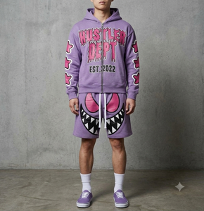 Conjunto Premium Ecológico de Sudadera con Cremallera Completa y Pantalones Cortos de Algodón 100% para Streetwear |   Chándal de tela gruesa con logo frontal - Product Image 3