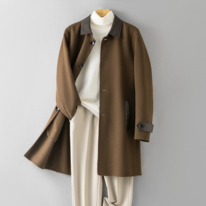 <b>Men's</b> Brown Genuine <b>Leather</b> <b>Long</b> <b>Coat</b> Turn-down Collar Single Breasted Casual Winter Jacket with Front Logo and Faux Fur Lining - Product Image 4