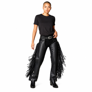 Chaps d'équitation pour femmes en cuir léger et respirant, à franges métalliques florales style western, taille haute avec cordon de serrage, pour la compétition - Product Image 2