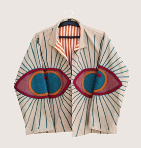 Manteau ouvert brodé motif œil style bohème pour femme grande taille, décontracté, manches longues, en coton, style printemps - Product Image 1