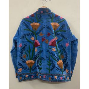 Hand Embroidered <b>Velvet</b> Knitted Cotton Breathable <b>Jacket</b> <b>Women</b> Mandarin Collar Full Sleeve Floral Pattern Open Front - Product Image 4