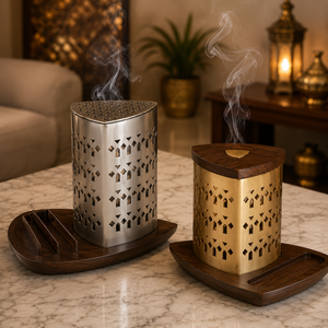 Nouvel Arrivage Brûleur à Bakhoor Métallique avec Base en Bois, Brûleur d'Encens Arabe Mabkhara, Porte-Encens au Charbon, Décoration Maison Ramadan Aïd, Cadeau - Product Image 2