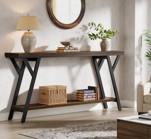 Mesa Consola Moderna de Madera con Base de Metal, Estante de Almacenamiento, Diseño Industrial, Mueble para Sala de Estar, Decoración para Entrada - Product Image 4