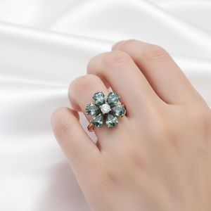 Anillo de Lujo con Gema Verde de 5x7mm, Corte Pera, con Flor, Plata de Ley 925, Moderno, para Boda, Compromiso, Aniversario, Regalo para Mujer - Product Image 2