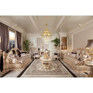 Ensemble de canapés Chesterfield en teck massif de luxe royal, style moderne du milieu du siècle, 8 places, table basse en velours sculpté doré, console - Product Image 1