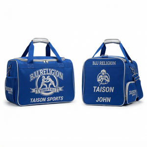 กระเป๋าออกกำลังกายสำหรับผู้หญิง TAISON SPORTS รุ่นพรีเมียม 400 GSM 600D PU ดีไซน์สีน้ำเงิน พร้อมโลโก้แบบซับลิเมชั่นสั่งทำพิเศษ ความจุ 30-40 ลิตร - Product Image 1