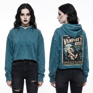 Sudadera con capucha corta para mujer, color verde azulado, personalizada, estilo streetwear desgastado, con gráfico de póster de película vintage 'Vampire Kiss', corte holgado y bajo sin rematar. - Product Image 1