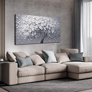 JuhaiArt Art mural moderne en bois écologique motif fleur blanche, décoration grise pour chambre à coucher, image d'arbre pour salon et bureau 24" x 48" - Product Image 3