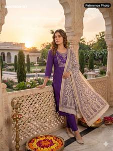 Good Quality Roman Silk with <b>Beads</b> Embroidery <b>Thread</b>-Moti work Violet Kurti-Pant-Dupatta Set Woman Fashion Manufacturer - Product Image 5