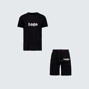Men's Black Cotton T-Shirt And Shorts <b>Set</b> With White Logo Print Casual Summer Wear <b>Knitted</b> Fabric - Product Image 1