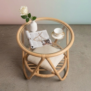 Mesa de Centro Redonda de Ratán Natural Moderna con Tapa de Vidrio, Mesa Auxiliar Pequeña para Sala de Estar o Balcón, Muebles Artesanales al por Mayor - Product Image 2