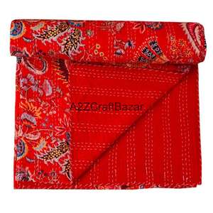 Indian Handmade Organic Cotton Multicolor Floral Kantha Vintage Style Reversible Eco-Friendly <b>Quilt</b> <b>Throw</b> for Home Hotel Use - Product Image 1
