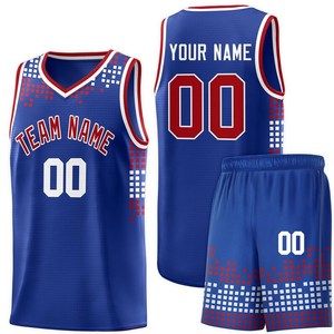 Ensemble de maillot de basket-ball bleu avec nom et numéro de l'équipe, impression sublimée, uniforme en maille sans manches à col en V pour adultes - Product Image 1