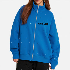 Nouveau modèle 2025 Sweat-shirt pour femme coupe ample zippé entièrement orné de strass, coupe oversize, épaules tombantes, col montant - Product Image 3