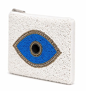 Beaded Coin Purse Handmade Zipper Closure Bohemian Style Evil Eye Design White <b>Mini</b> Size Decorative Coin Holder for Everyday Use - Product Image 1