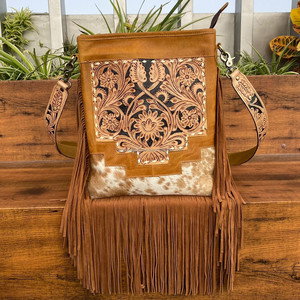 High Quality Handcrafted <b>Tooled</b> <b>Leather</b> Large Fringe Crossbody Bag Women Luxury Conceal Carry Designer Cowhide Shoulder Handbag - Product Image 2