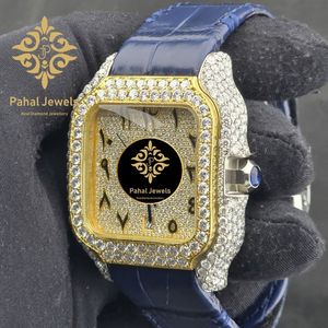 นาฬิกาข้อมือทองคำทรงสี่เหลี่ยมหรูหราจาก Pahal Jewels พร้อมกรอบประดับเพชรและสายหนังสีน้ำเงิน ระบบอนาล็อก ควอตซ์ แสดงวันที่ สำหรับทั้งชายและหญิง - Product Image 2