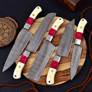 Damascus Steel Chef <b>Knife</b> Set 5-piece Handmade Wood <b>Handle</b> Kitchen <b>Knives</b> Straight Edge for Home Restaurant - Product Image 4