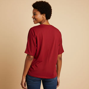 Nouveau t-shirt pour femme, col rond, manches courtes, rouge, coupe ample, couleur unie, décontracté, en coton tricoté, respirant, toutes saisons - Product Image 5
