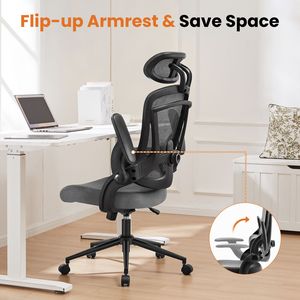 Sedia da Ufficio Ergonomica con Schienale Alto, Design in Rete Traspirante, Supporto Lombare Regolabile, Poggiatesta e Braccioli Morbidi Ribaltabili - Product Image 6