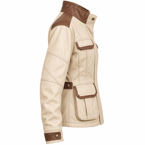 Two Tone Contrast Leather Field Safari <b>Jacket</b> <b>Womens</b> Cream Brown Real Sheepskin Stand Neck Four <b>Cargo</b> Flap Pocket Utility Coat - Product Image 3