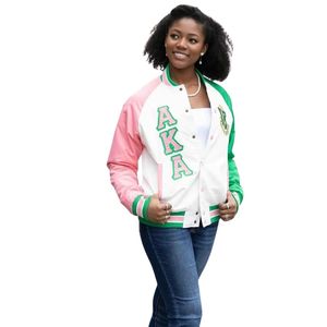 AKA White Green <b>Pink</b> Varsity Bomber <b>Jacket</b> Women's Greek Style Letterman <b>Jacket</b> With Embroidered Design Custom Lin - Product Image 2
