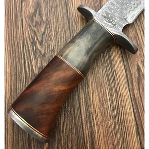 Custom DIY Handmade Camping Bowie <b>Knife</b> Clip Point Blade Damascus Steel 3mm Straight Edge Wood+<b>Bone</b> <b>Handle</b> Leather Sheath 15inch - Product Image 2