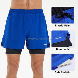 Vente en gros de shorts de course à taille élastique à double couche avec poche pour hommes, séchage rapide, nylon spandex, décontracté, imprimé, taille adulte solide - Product Image 3