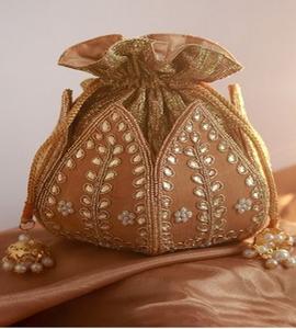 Floral Zardosi Embroidered <b>Green</b> <b>Silk</b> Potli Bag Pearl Bead Handle Women Wedding Party Drawstring Purse Evening Ethnic items - Product Image 2