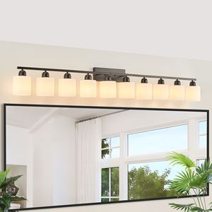 Lampada da Bagno Moderna Nera Opaca a 10 Luci, 65,4 Pollici, con Paralumi in Vetro Bianco - Product Image 5