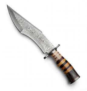 Cuchillo utilitario de punta caída de acero de Damasco con patrón artesanal, mango de hueso y cuerno apilados, pieza de exhibición ejecutiva DIY OEM - Product Image 1