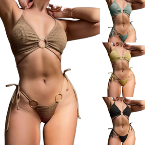 Ensemble de bikini texturé deux pièces pour femme avec détail anneau, maillot de bain tendance pour vacances à la plage, à nouer sur les côtés - Product Image 5