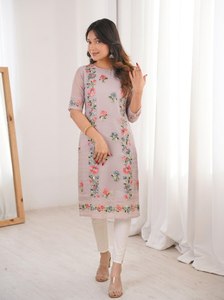 Indian Designer Women's Silk Kurti Pent Heavy <b>Chikankari</b> Embroidery Georgette Silk Fabric Wedding/Party Wear Semi-Stitched - Product Image 1