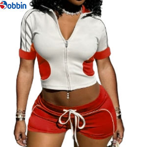 Ensemble 2 pièces tendance pour femme : veste courte sport décontractée et short, style patchwork, fermeture éclair, collection automne - Product Image 2