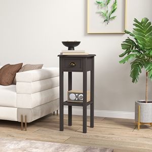 Tavolino Laterale a 2 Ripiani Durevole ed Ecologico con Cassetto, Ripiano Quadrato in Vetro e Legno con Finitura Ottone per Soggiorno, Corridoio, Tavolino da Caffè - Product Image 2