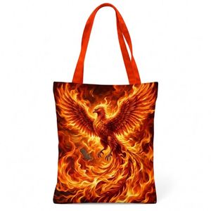 Fiery Phoenix Graphic Sublimation Tote <b>Bag</b> Polyester Canvas Heat Transfer Shopping Shoulder <b>Bags</b> - Product Image 1