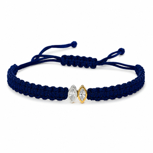 Bracelet en macramé bleu marine en or 14 carats avec diamants CVD de laboratoire F VVS VS, design double marquise, cordon tressé réglable plaqué rhodium - Product Image 1