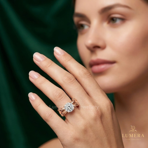<b>Nature</b> <b>Inspired</b> Round Lab Grown Diamond <b>Ring</b> With Organic Petal Shank And Elegant Center Stone Prong Setting <b>Ring</b> For Women - Product Image 4