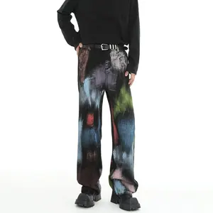 Özel streetwear baggy denim pantolon erkekler graffiti boya siyah pantolon boyalar ile hip hop pantolon