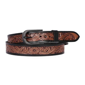 2026 Trending Unisex Western High Quality Vintage Leather <b>Tooling</b> <b>Belt</b> Handmade Floral Embossed Custom Length Alloy Pin Buckle - Product Image 6