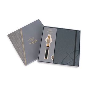 ปากกาโรลเลอร์บอล Parker Aster Essential สีดำพร้อมขอบโครเมียม พร้อมสมุดบันทึกปกแข็งพรีเมียม หมึกสีน้ำเงิน หัวปากกาขนาดกลาง – Luxury Gi - Product Image 1