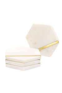 Handcrafted Modern <b>Coasters</b> Set of 4 Natural Real White Marble <b>Coasters</b> for Beverage with <b>Gold</b> Brass Inlay - Product Image 6