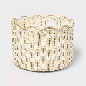 <b>Soft</b> Pastel Pink Rattan Scalloped <b>Storage</b> <b>Basket</b> Handmade Fresh Arrival Round <b>Storage</b> <b>Basket</b> With Scalloped Edge - Product Image 3