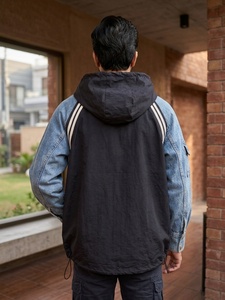 Custom Y2K <b>Men's</b> <b>Denim</b> Sleeve <b>Hooded</b> <b>Jacket</b> Contrast Color Zip Casual Outerwear Streetwear Windbreaker Winter Breathable OEM - Product Image 5