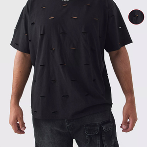 T-shirt noir oversize pour homme, manches courtes, couleur unie, 100% coton, style streetwear, col rond, coupe jersey, séchage rapide - Product Image 3