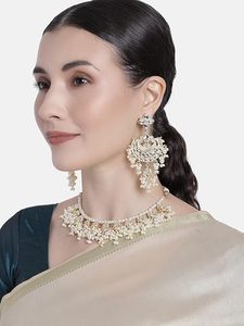 Elegante conjunto de joyería indio de perlas en capas, collar largo Kundan, pulsera de aleación de circonita, ideal para bodas, compromisos y fiestas. - Product Image 3