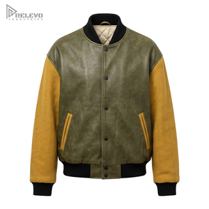 Chaqueta Universitaria de Cuero Personalizada para Hombre y Mujer, Color Verde Oliva y Amarillo Mostaza, Mangas de Lana, Chaqueta Bomber, Diseño Personalizado OEM/ODM - Product Image 1