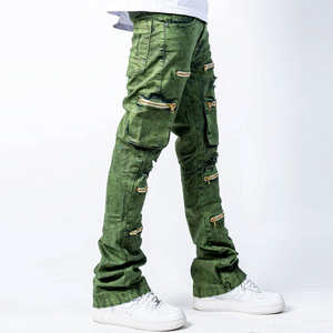 กางเกงยีนส์ผู้ชายสีเขียวทรงสแต็คแฟชั่นสตรีทแวร์ ดีไซน์ซิปหลายจุด ทรงเข้ารูปลำลอง กางเกงเดนิมทันสมัยมีสไตล์ รับผลิตแบบ OEM ODM - Product Image 2