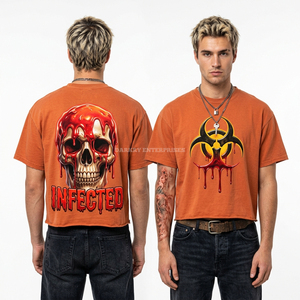 เสื้อยืดสีส้มสดแบบครอปพิมพ์ลายหัวกะโหลก Biohazard สไตล์สตรีทแวร์สำหรับผู้ชาย ผลิตโดยผู้ผลิตเสื้อผ้า High Traffic Apparel แบบ ODM - Product Image 1